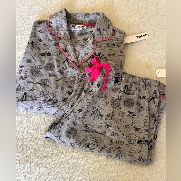 DKNY Women’s Graffiti Pajama Set in Gray with Pink Trim - Picture 3 of 7